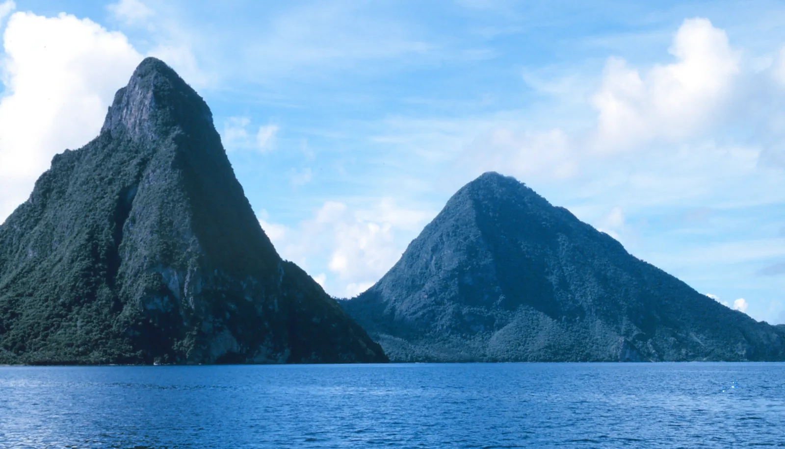 Gros Piton and Petit Piton rising from the Caribbean Sea near Soufriere, Saint Lucia